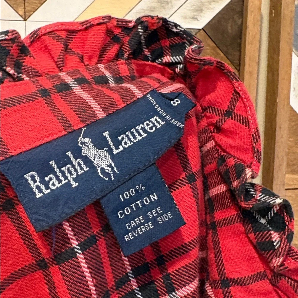Vintage Ralph Lauren Red and Black Plaid Button-Front Puff Sleeve Top size 8